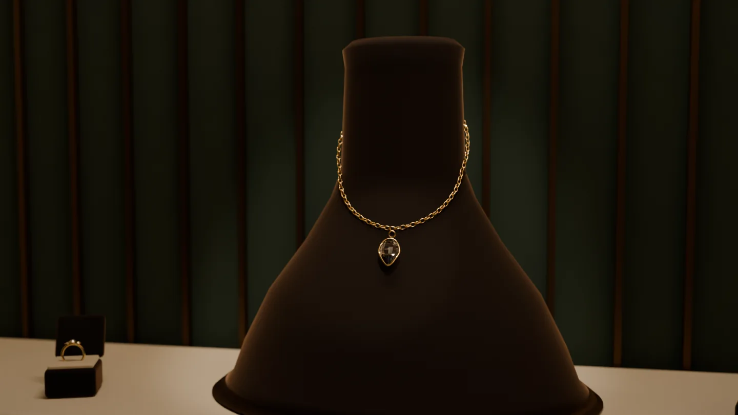 Épure kolye, butikteki vitrininde (3D render, temsili)