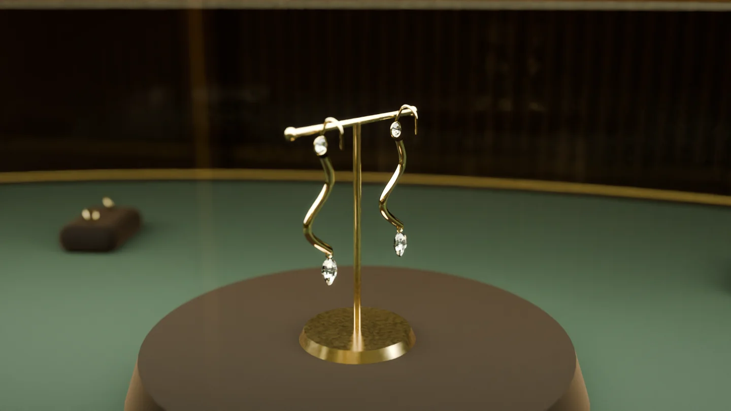 Onde küpe, butikteki vitrininde (3D render, temsili)