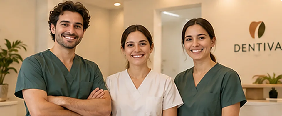 Klinik ekibinden üç hekim, resepsiyonun önünde gülümsüyor