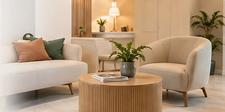 Krem koltuklar ve ahşap sehpalı bekleme salonu