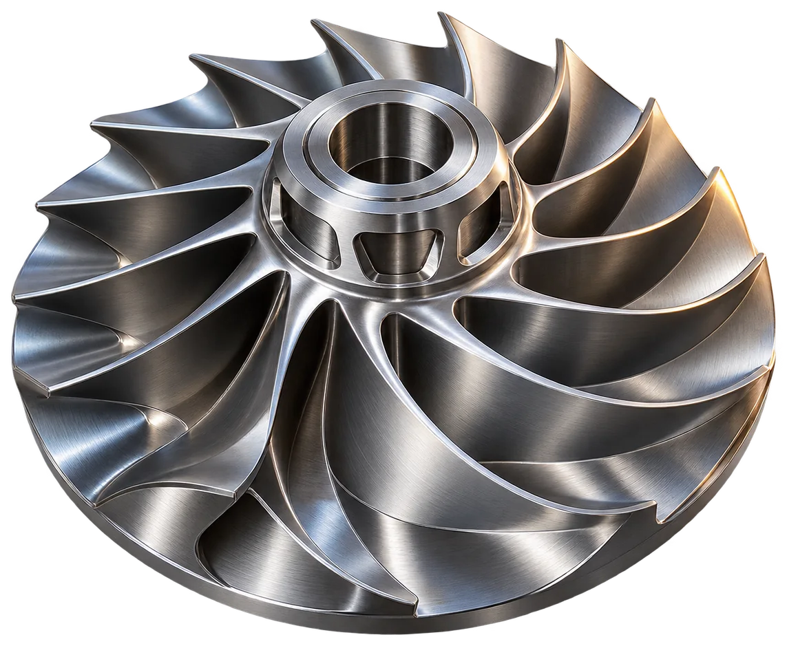 Hassas işlenmiş metal çarkı temsil eden endüstriyel ürün görseli.
