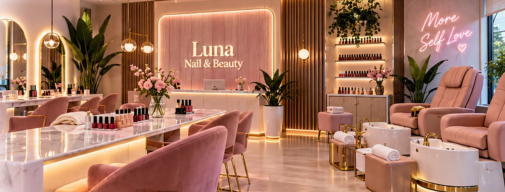 Luna Nail & Beauty salonu: pembe kadife koltuklar, mermer manikür masası, pedikür koltukları ve “More Self Love” neon yazısı