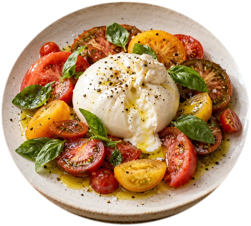 Domates ve fesleğenle burrata (konsept)