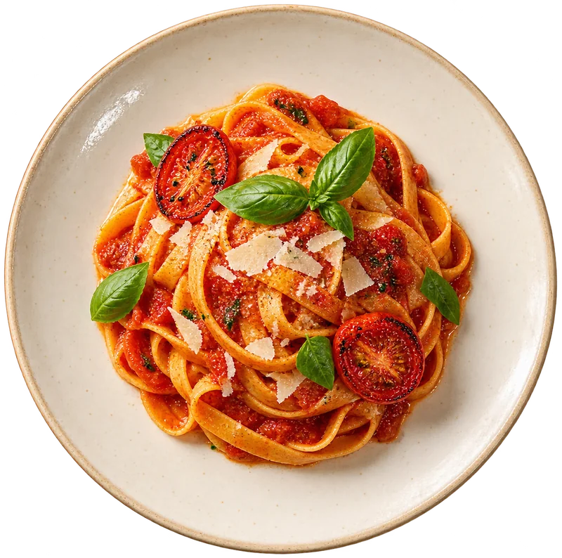 Domatesli tagliatelle tabağı (konsept)