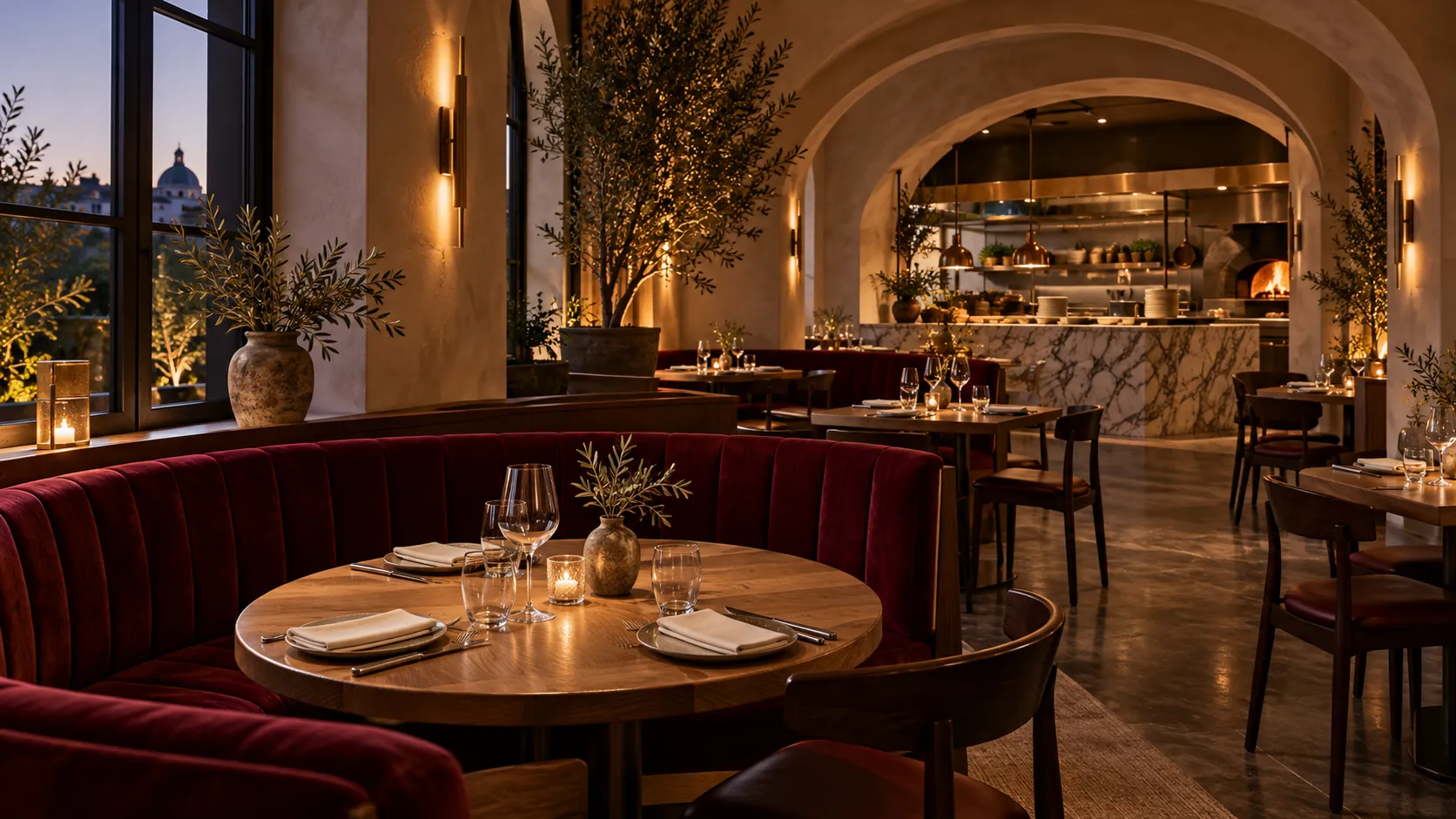Bordo oturma alanları ve kemerli açık mutfağı olan kurgu restoran