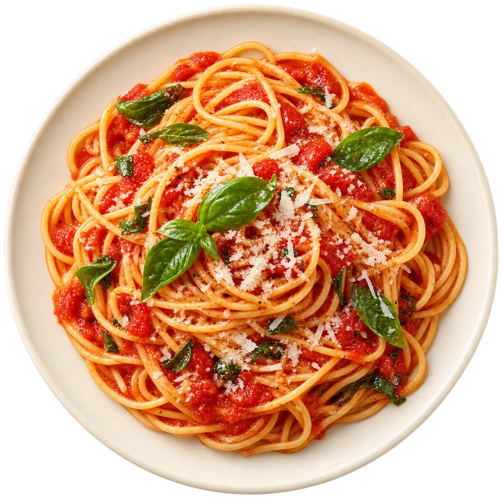 Domates soslu ve fesleğenli spagetti tabağı (konsept)