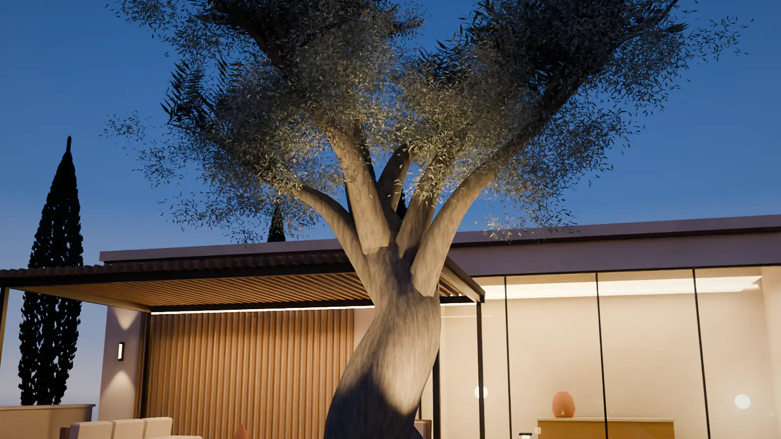 Temsili 3D bahçe mavi saatte: aşağıdan aydınlatılmış yaşlı zeytin, taş saksı, pergola ve camlı villa (3D render)
