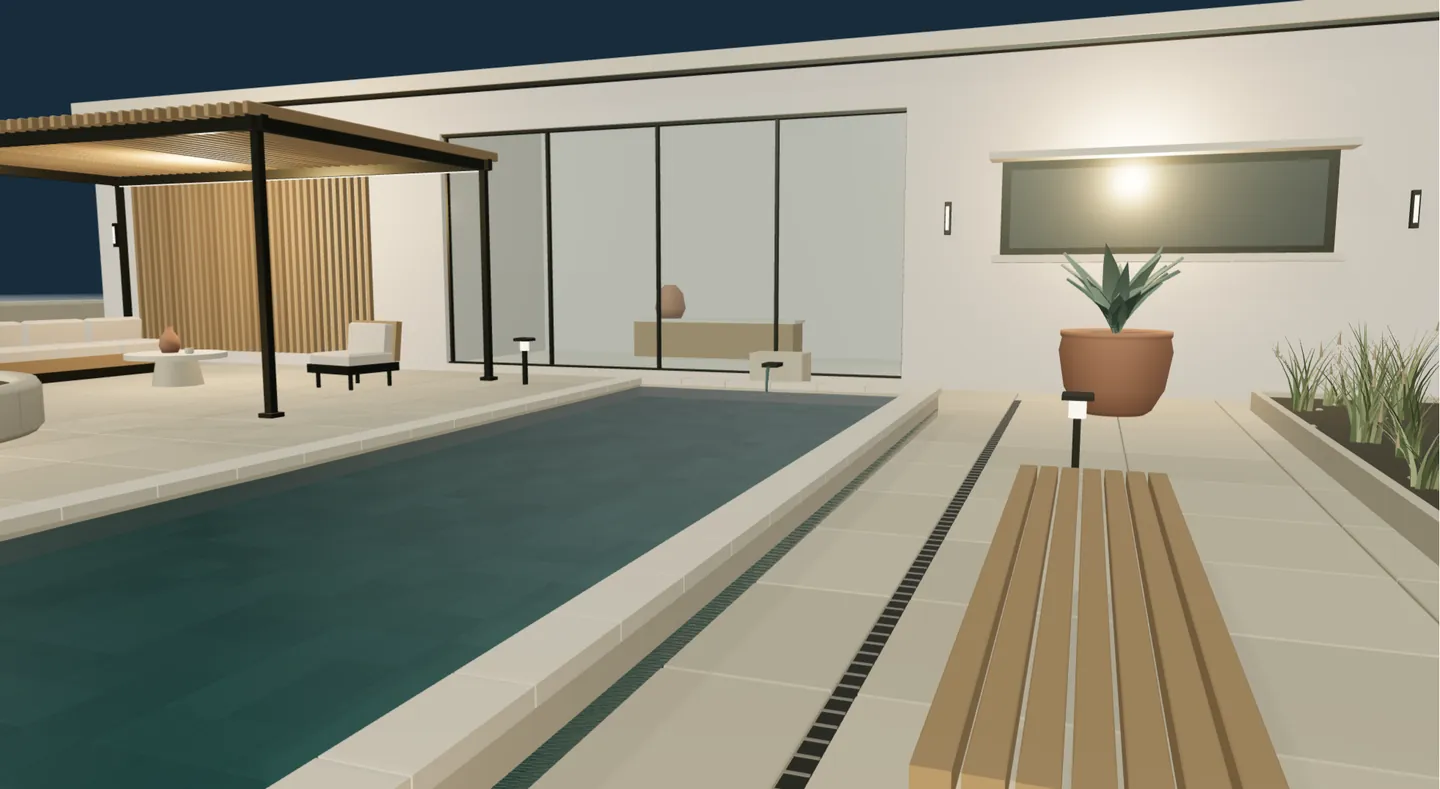 Verdant No. 01 3D modelinden mavi saatte havuz, pergola, ahşap bank ve saksılı bitkiler